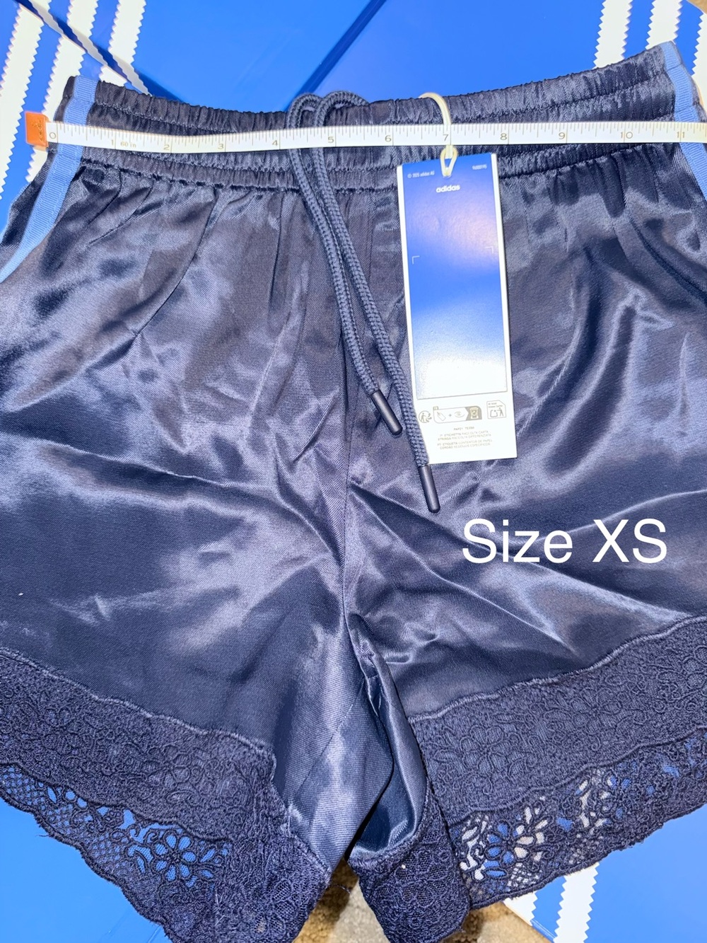 NWT adidas Originals × ASOS lace hem shorts in pale blue satin - Picture 9 of 13